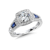 Wide Tapered-Baguette Sapphire & Cushion-Shaped Diamond Halo Engagement Ring W/ Stylized Diamond Undergallery