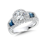 Wide Tapered-Baguette Sapphire & Round Diamond Halo Engagement Ring w/ Surprise Diamond