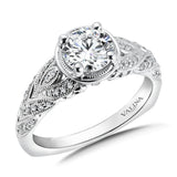 Diamond engagement ring mounting with milgrain detailing and side stones set in 14k white gold.
