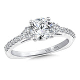 Diamond 3-stone engagement ring mounting with side stones set in 14k white gold.