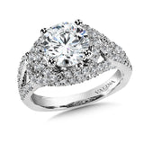 Diamond engagement ring mounting with side stones set in 14k white gold.