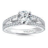 Diamond engagement ring mounting with baguette and round side stones set in 14k white gold.