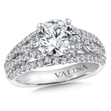 Diamond crisscross engagement ring mounting set in 14k white gold.