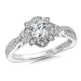 Diamond engagement ring mounting with delicate undergallery milgrain detailing and side stones set in 14k white gold.