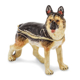 Luxury Giftware Pewter Bejeweled Crystals Gold-tone Enameled ZEUS German Shepherd Trinket Box with Matching 18 Inch Necklace