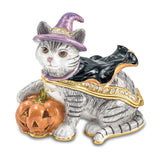 Luxury Giftware Pewter Bejeweled Crystals Gold-tone Enameled SERENA Halloween Cat Trinket Box with Matching 18 Inch Necklace