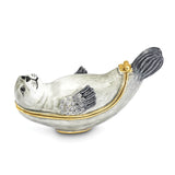 Luxury Giftware Pewter Bejeweled Crystals Gold-tone Enameled BERTRAM Grey and White Seal Trinket Box with Matching 18 Inch Necklace