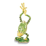 Luxury Giftware Pewter Bejeweled Crystals Gold-tone Enameled JENSEN Handstand Frog on Lily Pad Trinket Box with Matching 18 Inch Necklace