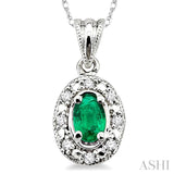 5x3 MM Oval Shape Emerald and 1/20 Ctw Single Cut Diamond Pendant in 10K White Gold with Chain