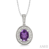 Silver Oval Shape Gemstone & Diamond Pendant