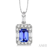 6x4 MM Octagon Cut Tanzanite and 1/3 Ctw Round Cut Diamond Precious Pendant in 14K White Gold with Chain