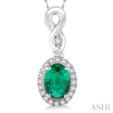 6x4 MM Oval Cut Emerald and 1/10 Ctw Round Cut Diamond Pendant in 10K White Gold with Chain