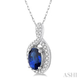 6x4 MM Oval Cut Sapphire and 1/10 Ctw Round Cut Diamond Pendant in 14K White Gold with Chain