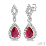 1/5 Ctw Pear Shape 5x3 MM Ruby & Round Cut Diamond Precious Earring in 10K White Gold