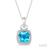 1/20 Ctw Cushion Shape 10x10 MM Blue Topaz & Round Cut Diamond Semi Precious Pendant With Chain in Sterling Silver