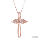 1/10 Ctw Twisted Cross Angel Wings Round Cut Diamond Pendant With Chain in 10K Rose Gold