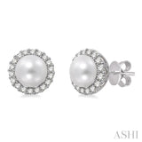 8x8MM Cultured Pearls and 1/3 Ctw Round Cut Diamond Earrings in 14K White Gold