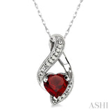 7x7mm Heart Shape Garnet and 1/20 Ctw Single Cut Diamond Semi Precious Pendant in 10K White Gold with Chain