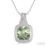 10x10  MM Cushion Shape Green Amethyst and 1/20 ctw Single Cut Diamond Pendant in Sterling Silver with Chain