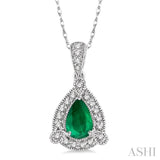 6x4  MM Pear Shape Emerald and 1/10 Ctw Round Cut Diamond Pendant in 10K White Gold with Chain