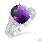 1/20 Ctw Round Cut Diamond & 10x8 MM Cushion Shape Amethyst Semi Precious Ring in Sterling Silver