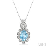 1/10 Ctw Floral 8x6 MM Oval Cut Aquamarine and Round Cut Diamond Semi Precious Pendant With Chain in 10K White Gold