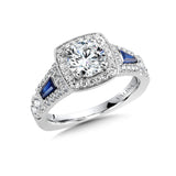 Wide Tapered-Baguette Sapphire & Cushion-Shaped Diamond Halo Engagement Ring w/ Stylized Diamond Undergallery