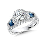 Wide Tapered-Baguette Sapphire & Round Diamond Halo Engagement Ring W/ Surprise Diamond