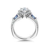 Wide Tapered-Baguette Sapphire & Round Diamond Halo Engagement Ring W/ Surprise Diamond