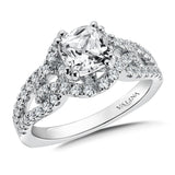 Diamond engagement ring mounting with split shank and side stones set in 14k white gold.