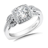 Diamond engagement ring mounting in 14k white gold with side stones set in 14k white gold.