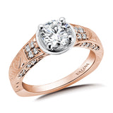 Diamond engagement ring mounting with milgrain and hand engraved detailing and side stones set in 14k rose gold.