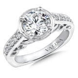 Diamond engagement ring mounting with milgrain detailing and side stones set in 14k white gold.