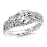 Diamond engagement ring mounting with side stones set in 14k white gold.