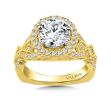 Diamond halo engagement ring mounting with diamond side stones set in 14k yellow gold.