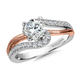 Diamond split shank engagement ring mounting with diamond side stones set in 14k White & Rose Gold.