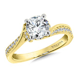 Diamond engagement ring mounting with side stones set in 14k yellow gold.