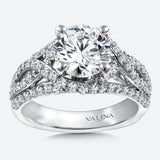 Diamond Crisscross engagement ring mounting with side stones set in 14k white gold.