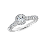 A diamond halo mount set in 14k white gold.