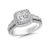 A diamond halo mount set in 14k white gold.