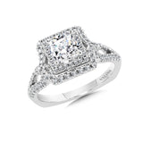 A diamond halo mount set in 14k white gold.