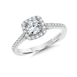 Diamond halo engagement ring mounting in 14k white gold.