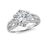 Diamond halo engagement ring mounting in 14k white gold.