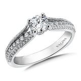 Diamond engagement ring mounting with split shank and side stones set in 14k white gold.