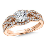 Diamond Crisscross engagement ring mounting with side stones set in 14k rose gold.