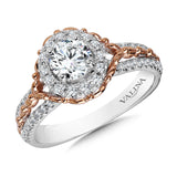 Diamond halo engagement ring mounting with side stones in 14k white/rose gold.