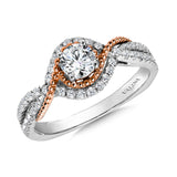 Diamond halo engagement ring mounting with side stones in 14k white/rose gold.