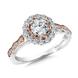 Diamond halo engagement ring mounting with side stones in 14k white/rose gold.