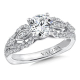 Diamond engagement ring mounting with milgrain detailing and side stones set in 14k white gold.