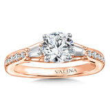 Diamond engagement ring mounting with baguette and round side stones set in 14k rose gold.